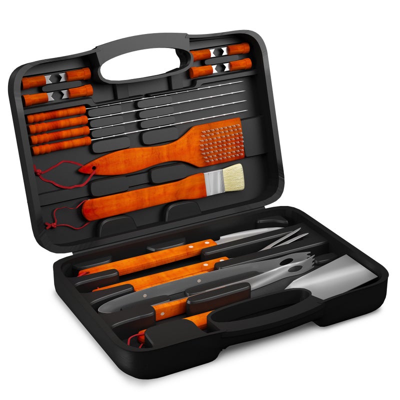 Home-Complete HC-1001 Wood BBQ Grill Tool Set-18 Pc Stainless Steel Barbecue Accessories with Wooden Handles and Case, Spatula, Tongs, Skewers - Image 1